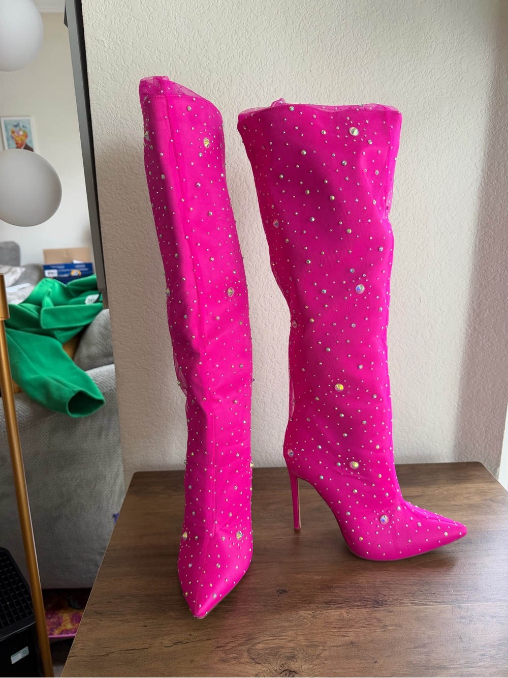 Hot Pink Crystal-Embellished Over-the-Knee Stiletto Boots - Women's